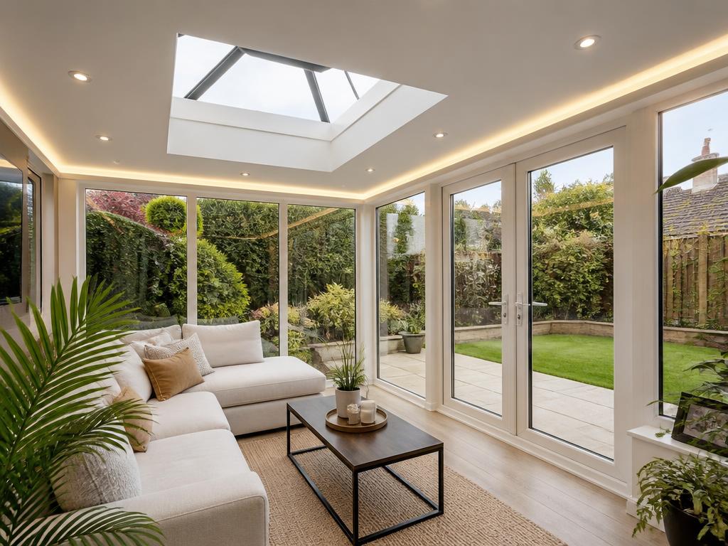 Bright modern conservatory interior with a solid replacement roof